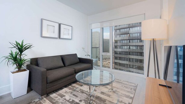 Un salon moderne avec un canapé, une table basse en verre, une plante en pot et une vue sur un immeuble à travers de grandes fenêtres.