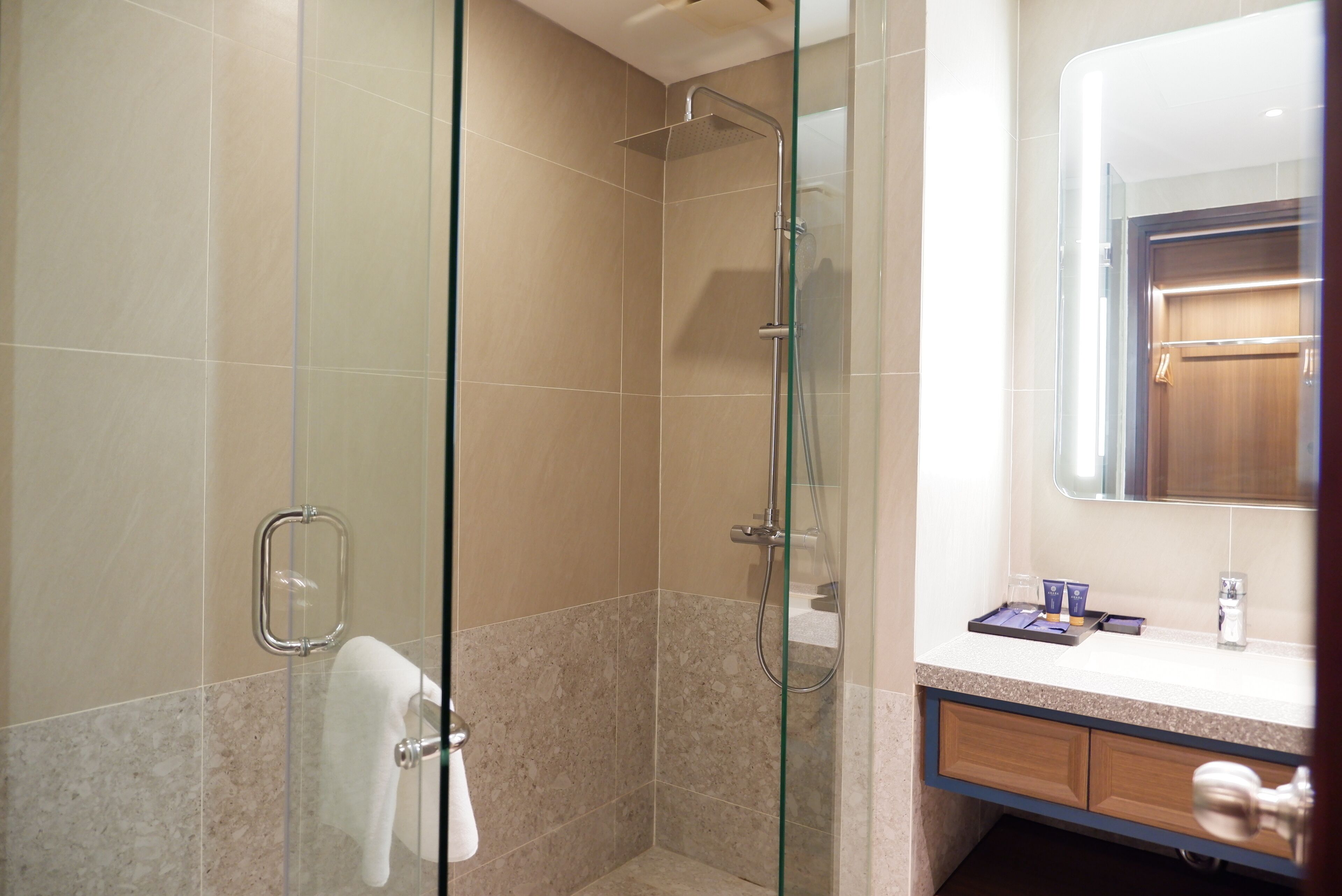A modern bathroom with a glass-enclosed shower, a vanity with a mirror, and a towel rack.