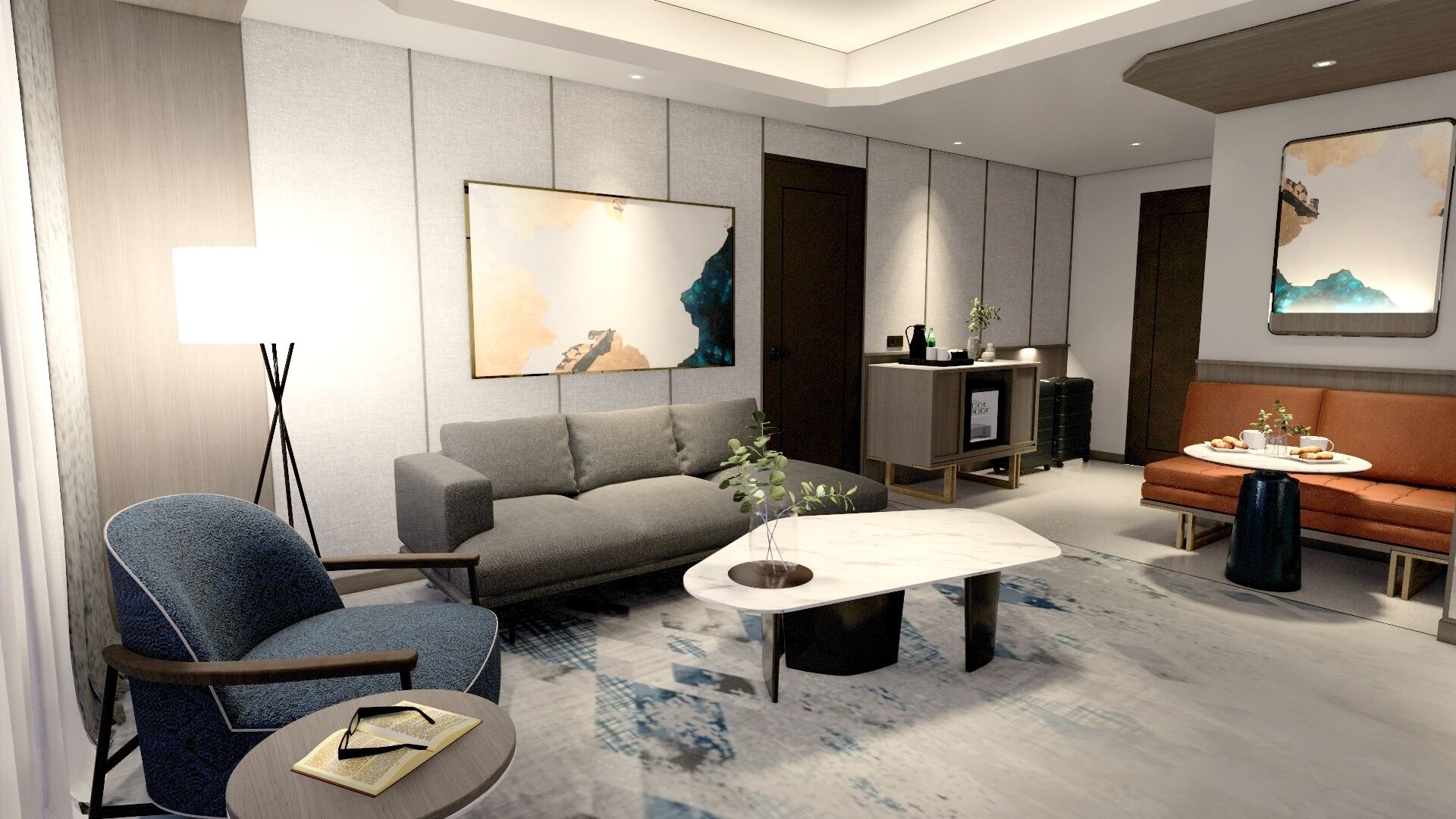 A modern living room with a grey sofa, a blue armchair, a coffee table, and a TV. There are abstract paintings on the walls and a cabinet with a plant on top.