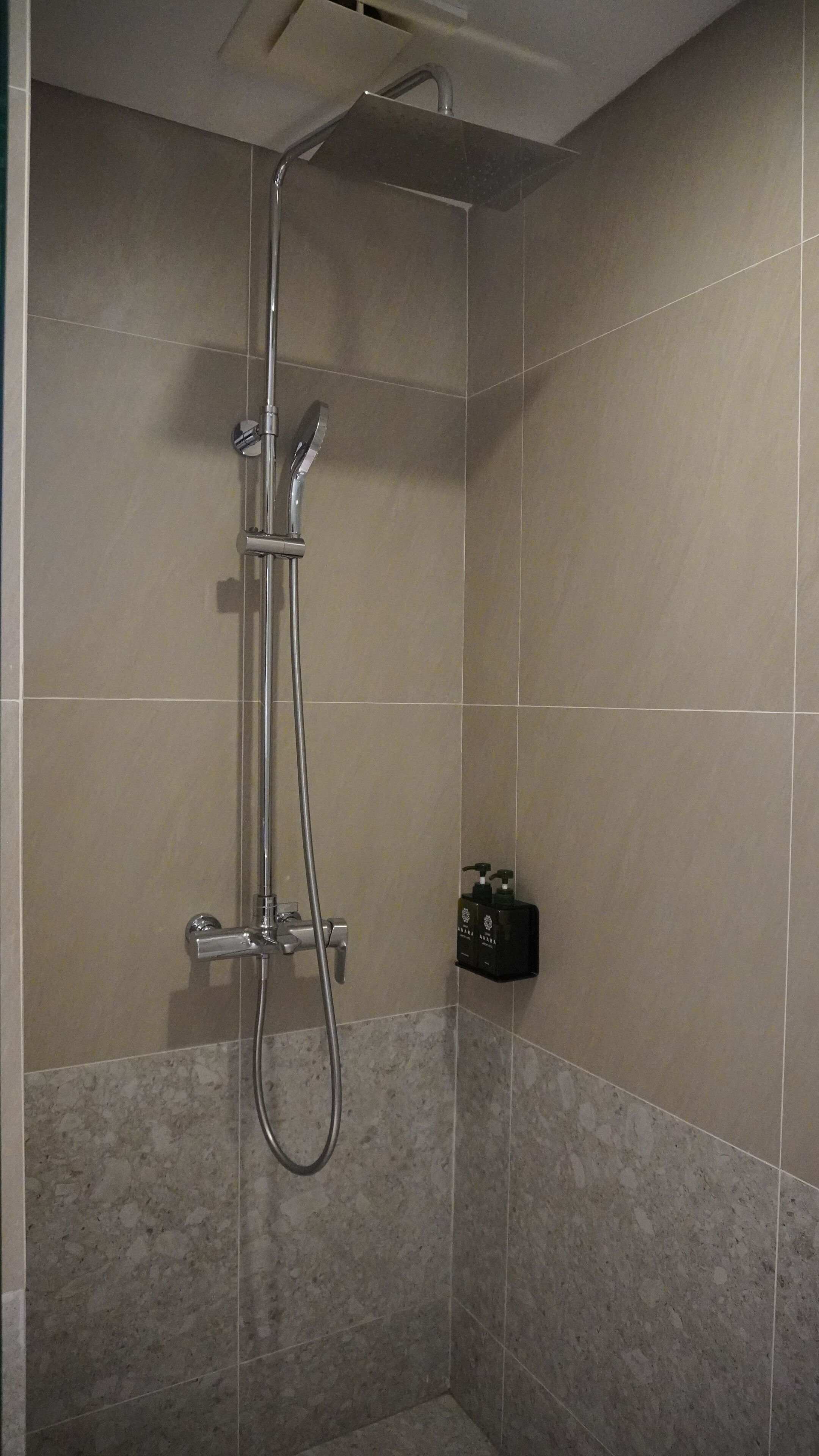 A shower with a handheld showerhead and a wall-mounted faucet.