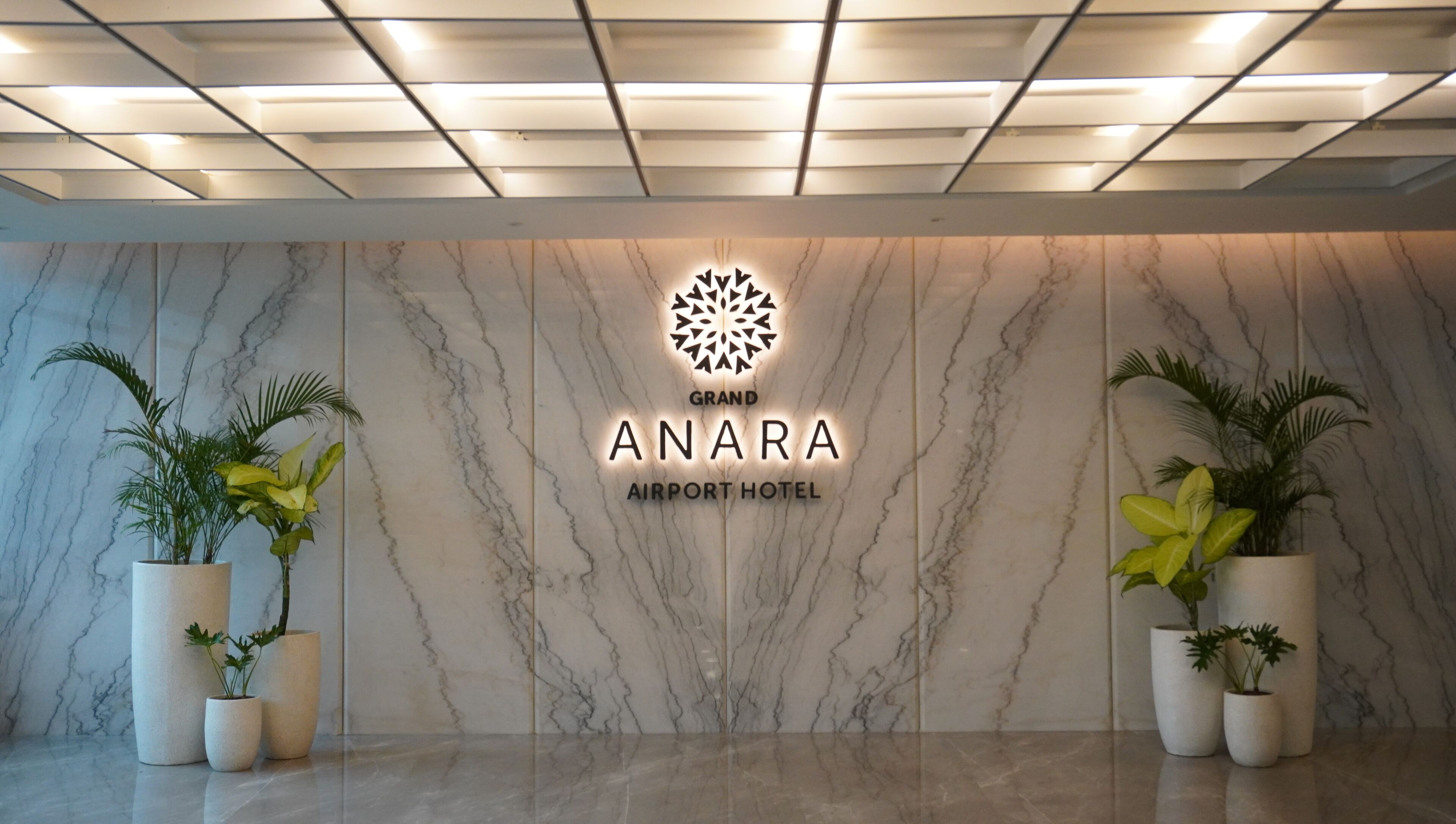 A reception area with a marble wall, a logo, and potted plants.