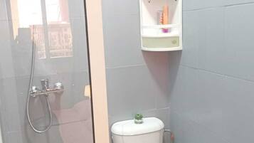 Shower, towels, soap, toilet paper