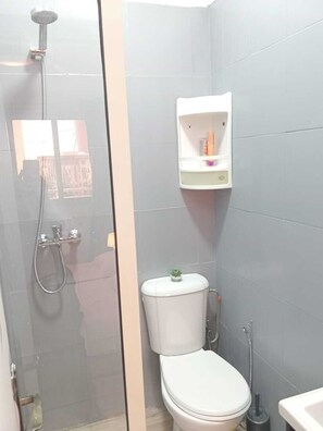 Shower, towels, soap, toilet paper