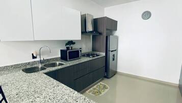 Jääkaappi, mikroaaltouuni, liesi, kahvin-/teenkeitin