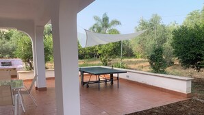 Une terrasse extérieure avec une table de ping-pong, un espace barbecue et un coin salon abrité.