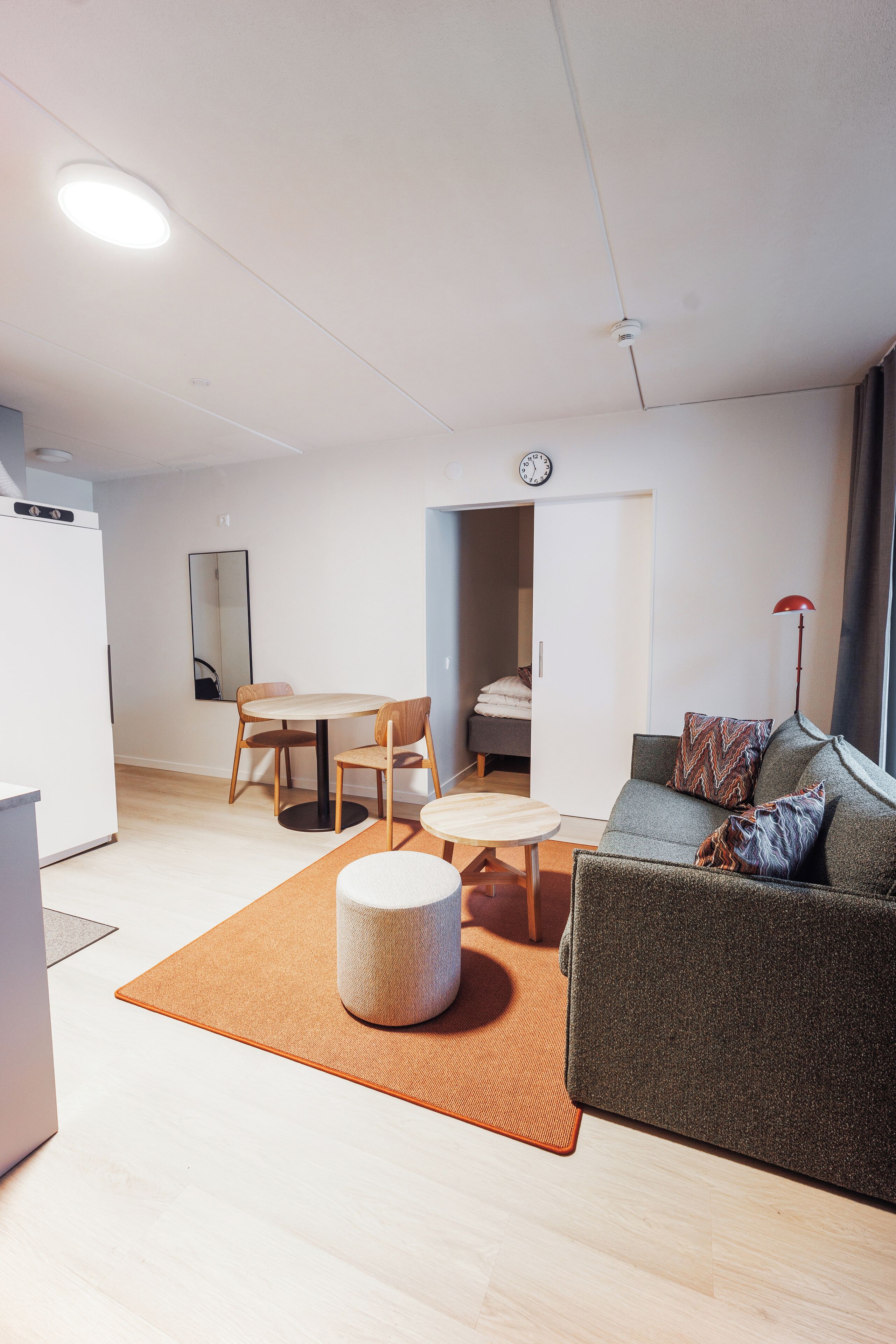 A modern living room with a sofa, a dining table, and a kitchen area.