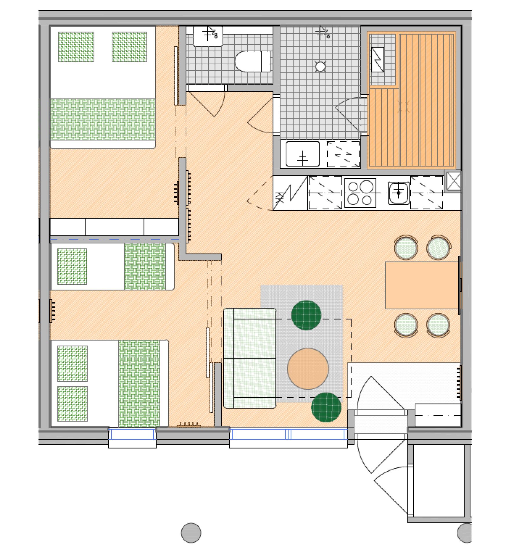 A floor plan of a hotel room with a bathroom, kitchenette, dining area, and a small seating area with a table and chairs.