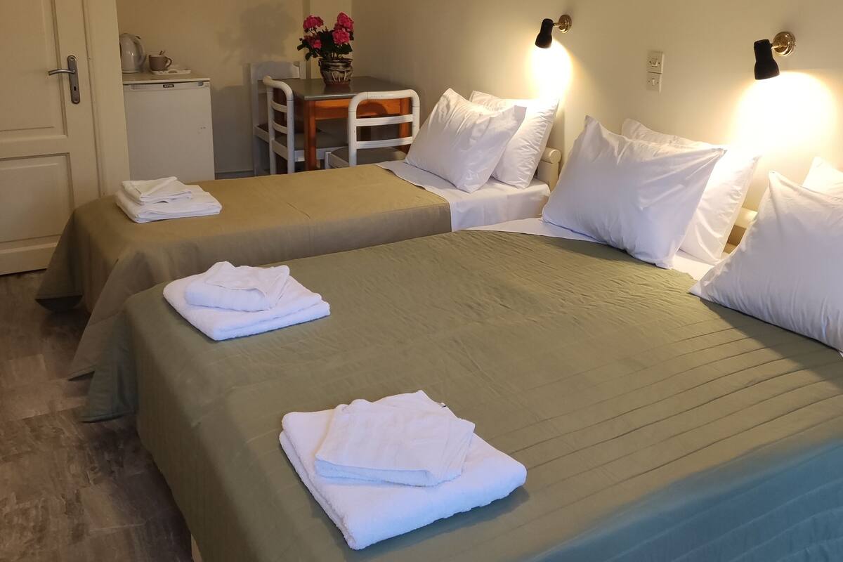 A hotel room with two beds, a small table with a vase of flowers, and a kitchenette.