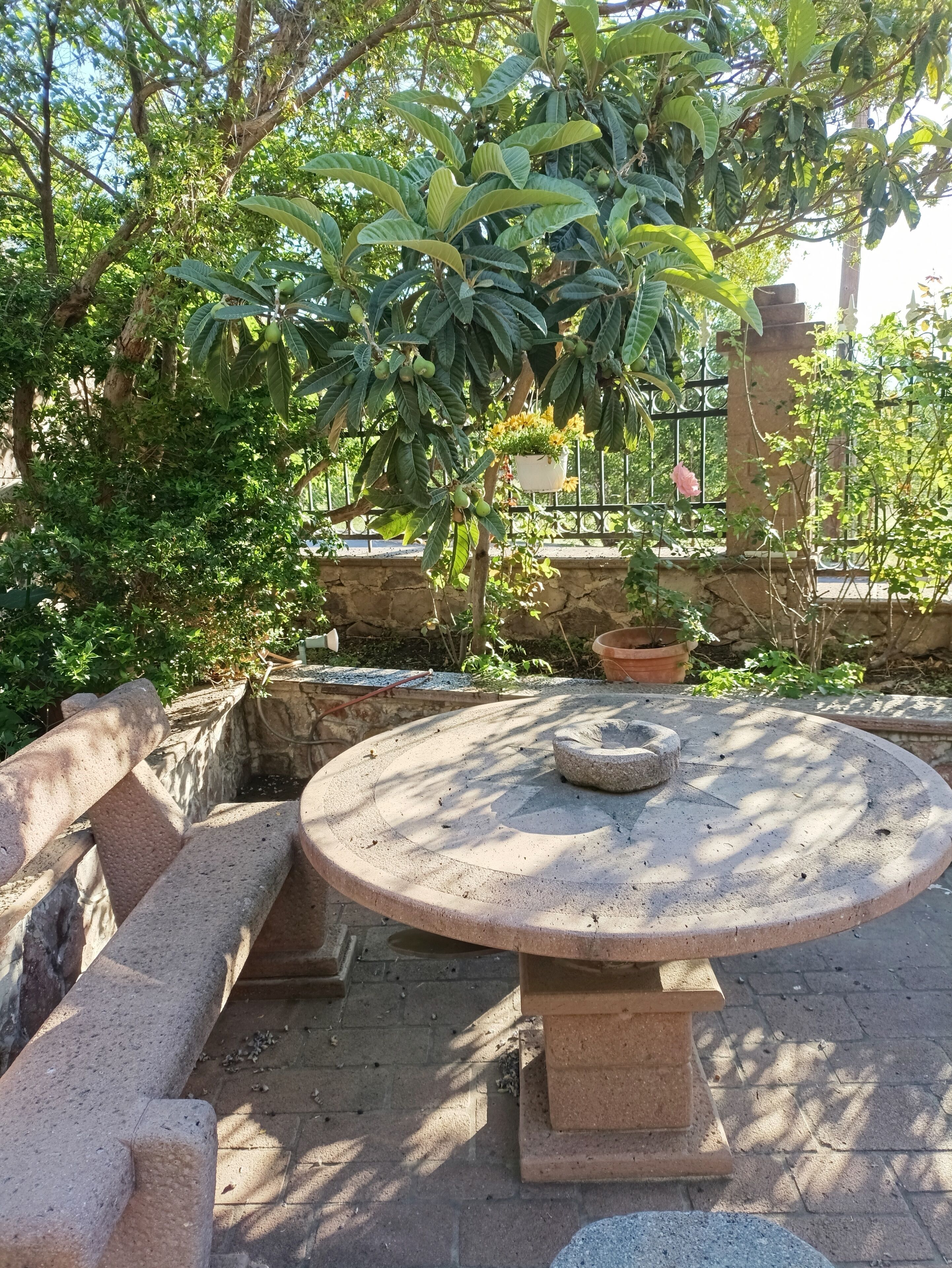 A stone table with a stone bench in a garden area with potted plants and a stone wall.
