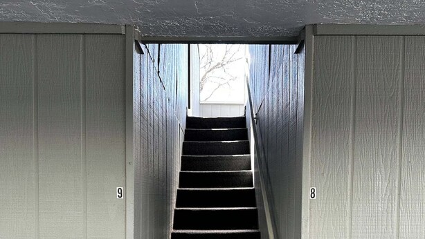 Un escalier étroit recouvert d’une moquette sombre, bordé de murs aux couleurs claires, mène à une porte située en haut.