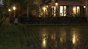 A two-story house with a balcony, surrounded by a water body and palm trees. - Bayad Anyar Ubud Villa (Payangan)