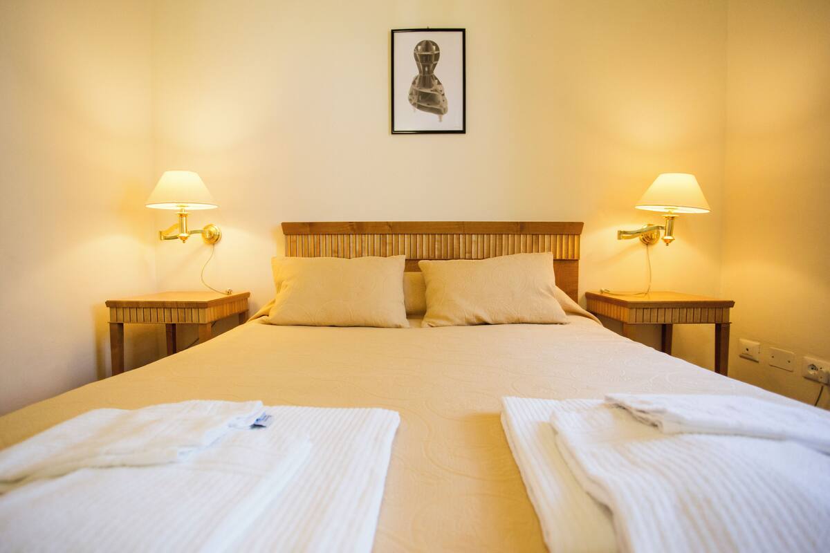 A hotel room with a large bed, two bedside tables, and two lamps.