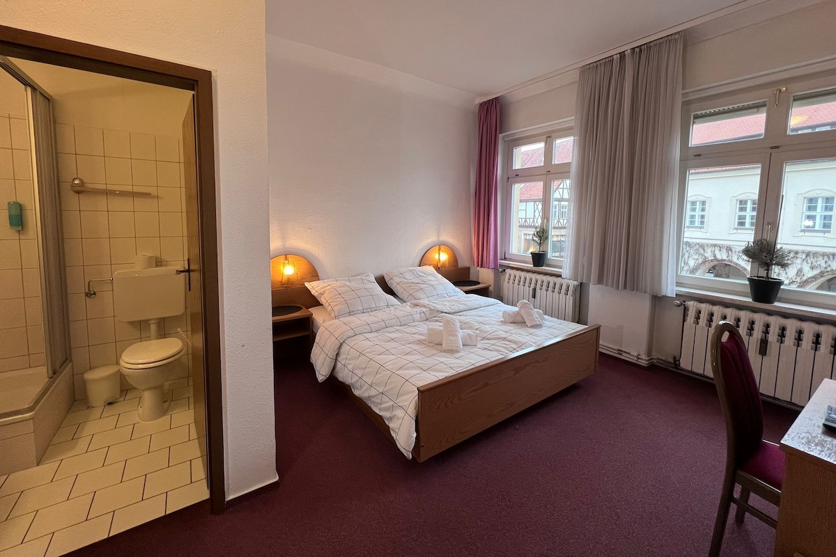 A hotel room with a bed, a desk, a chair, a window with curtains, a radiator, and a bathroom with a shower and toilet.