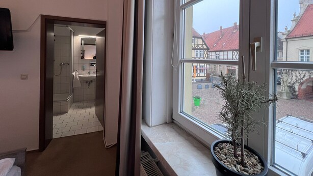 A hotel room with a bathroom, a potted plant, and a view of a town with traditional architecture. - Hotel Doko Gardelegen (Gardelegen)