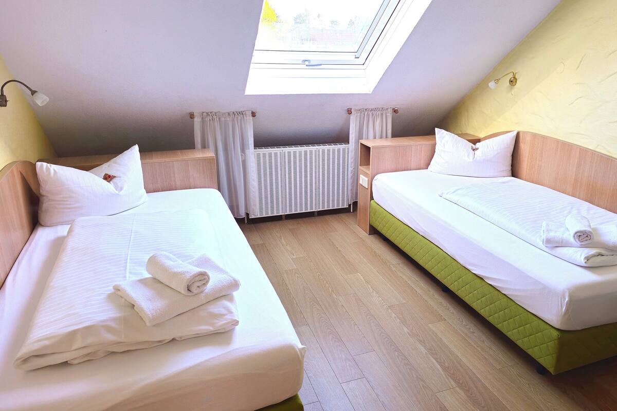 Une chambre avec deux lits, un puits de lumière, un radiateur et une fenêtre avec des rideaux.