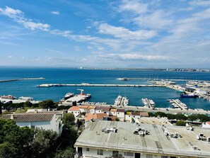 A coastal marina with boats docked, a pier extending into the water, and buildings with flat roofs in the foreground.