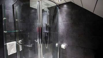 Shower, hair dryer, shampoo