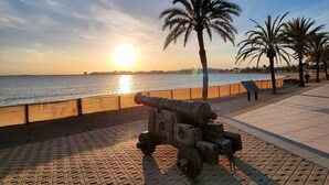 A cannon on a paved walkway by the water with palm trees and a sunset in the background. - ROCMAR. Apartamento con terraza cerca del mar – Roses (Roses)