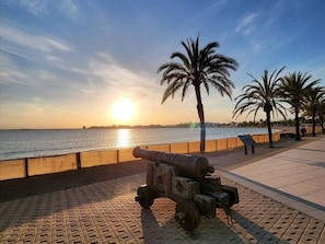 Eine Kanone auf einem gepflasterten Weg am Wasser, mit Palmen und einem Sonnenuntergang im Hintergrund.