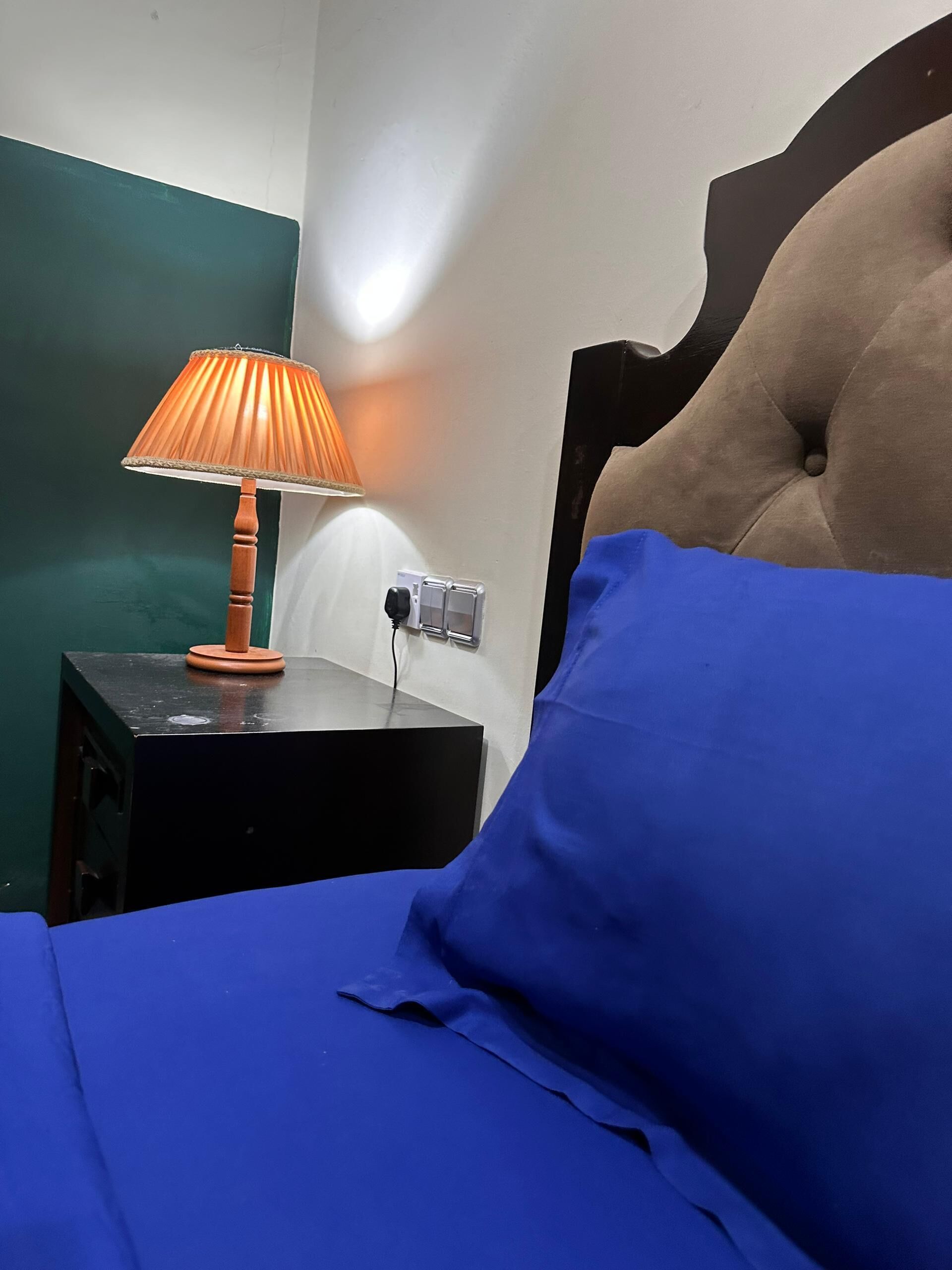 A bed with a blue blanket and a brown headboard, a nightstand with a lamp, and a power outlet on the wall.