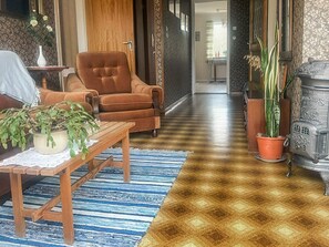 A living room with a brown armchair, a wooden coffee table, a blue and brown striped rug, and a potted plant. - 6 Person Holiday Home in Lonashult (Lönashult)