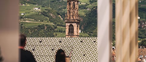 A historic tower with intricate architecture, a patterned roof, and a view of green hills in the background.
