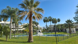 A well-maintained grassy area with palm trees and a swimming pool, surrounded by buildings with balconies and a clear blue sky.