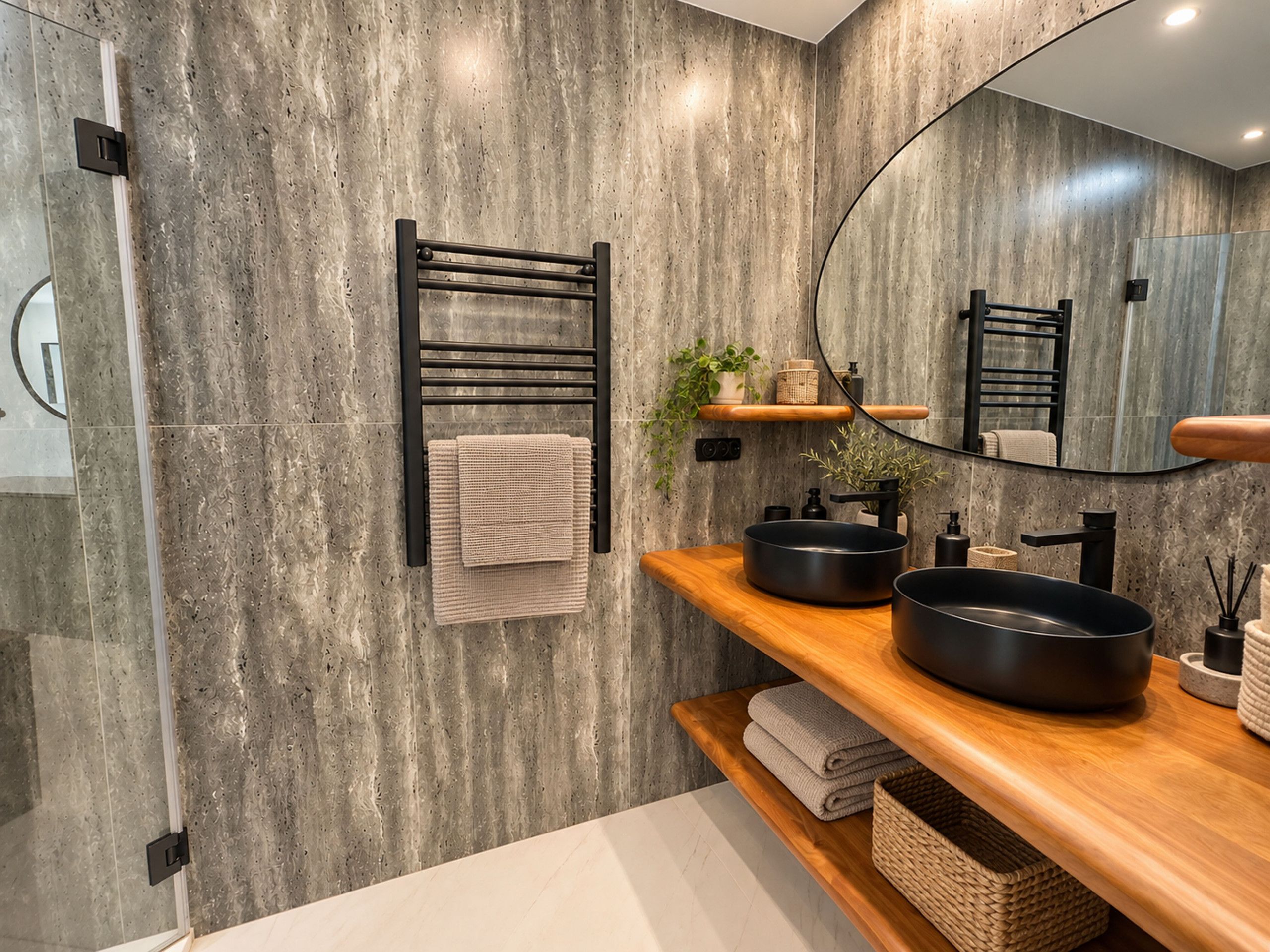 Une salle de bain moderne avec un mur en marbre, un meuble-lavabo en bois, un lavabo noir et un porte-serviettes.