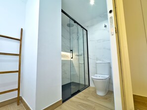 Douche, séchoir à cheveux, serviettes fournies