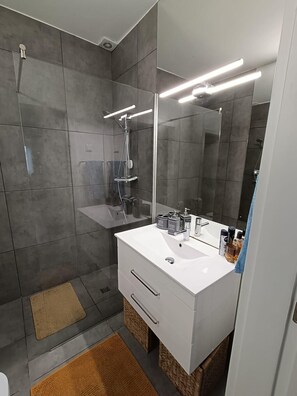 Hair dryer, towels, soap, toilet paper