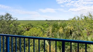 Une vue depuis un balcon doté d’une balustrade, donnant sur un paysage verdoyant et luxuriant, parsemé de divers arbres et arbustes.