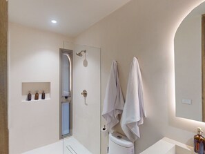 Shower, hair dryer, towels