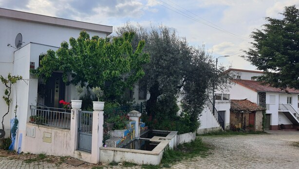 Una casa moderna de dos pisos con fachada blanca, un balcón con plantas en macetas y un pequeño jardín con una fuente.
