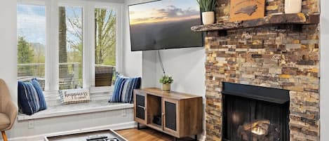 Télévision, cheminée, livres, espaces bureaux