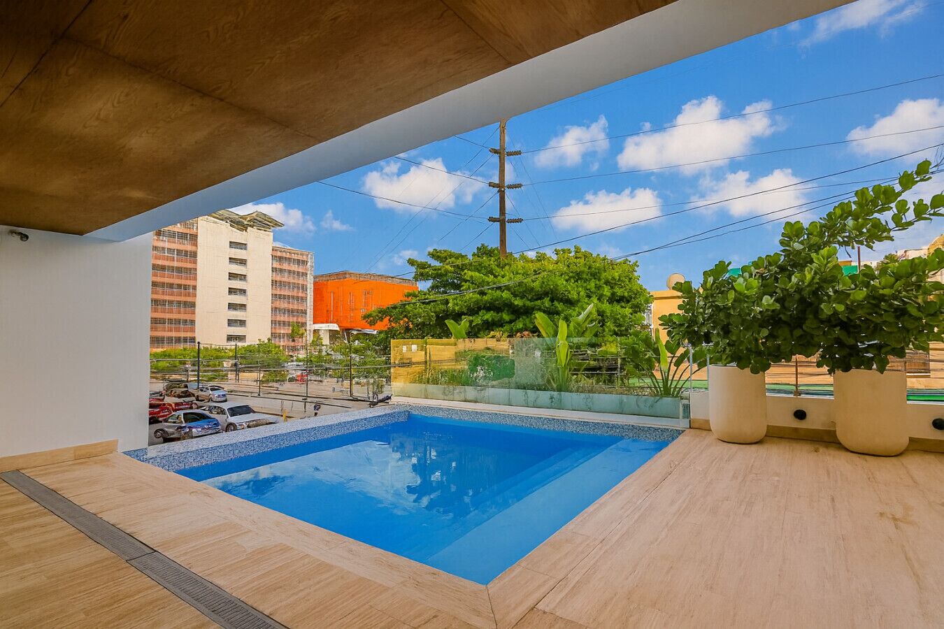 A rooftop pool with a clear view of the city skyline, surrounded by potted plants and a wooden deck.