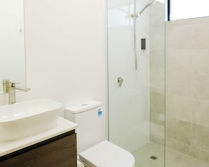 Shower, free toiletries, hair dryer, towels