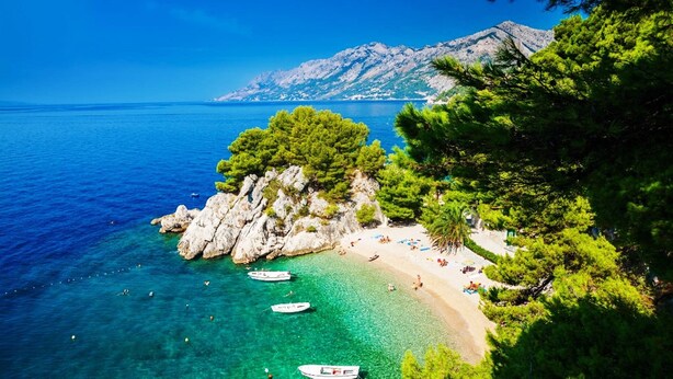 Une plage côtière aux eaux turquoise et limpides, parsemée de rochers et bordée d’une végétation luxuriante.