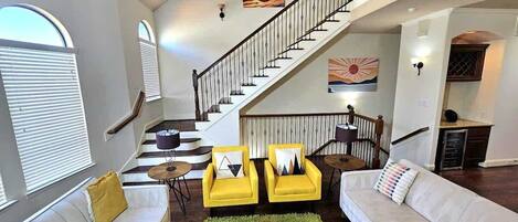 Smart TV, fireplace, books