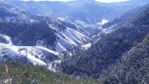 A mountainous landscape with snow-covered slopes and dense forests. - Royal Cedar Shimla (Shimla)