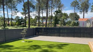A backyard with a well-maintained lawn, a small tree, and a black fence.