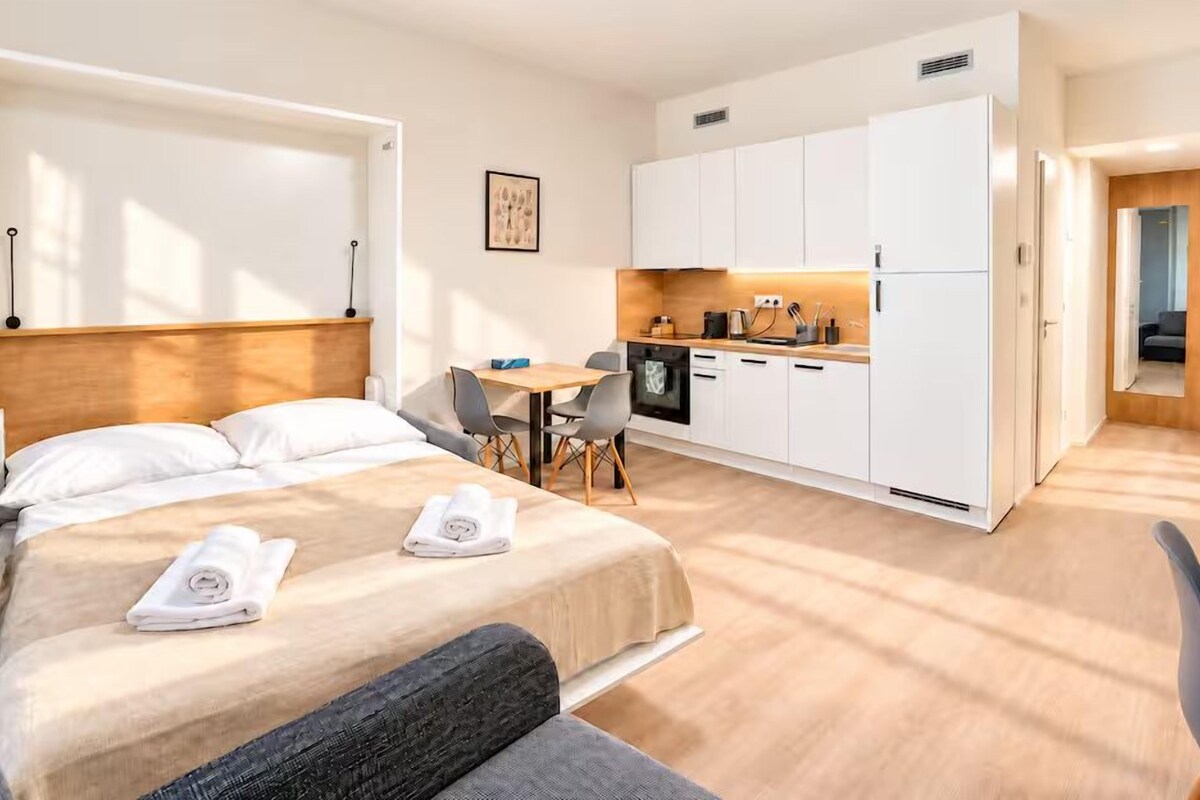 A hotel room with a bed, a desk, a kitchenette, and a bathroom.