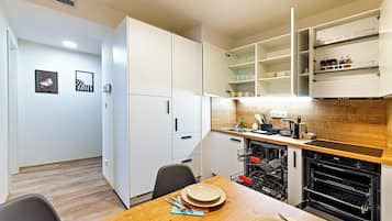 City Apartment, 2 Bedrooms, City View | Private kitchen | Full-size fridge, microwave, oven, stovetop