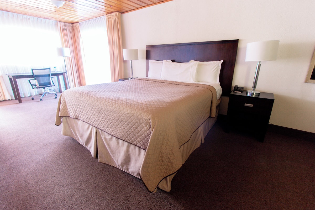 A hotel room with a large bed, two bedside lamps, a desk with a chair, and a window with curtains.