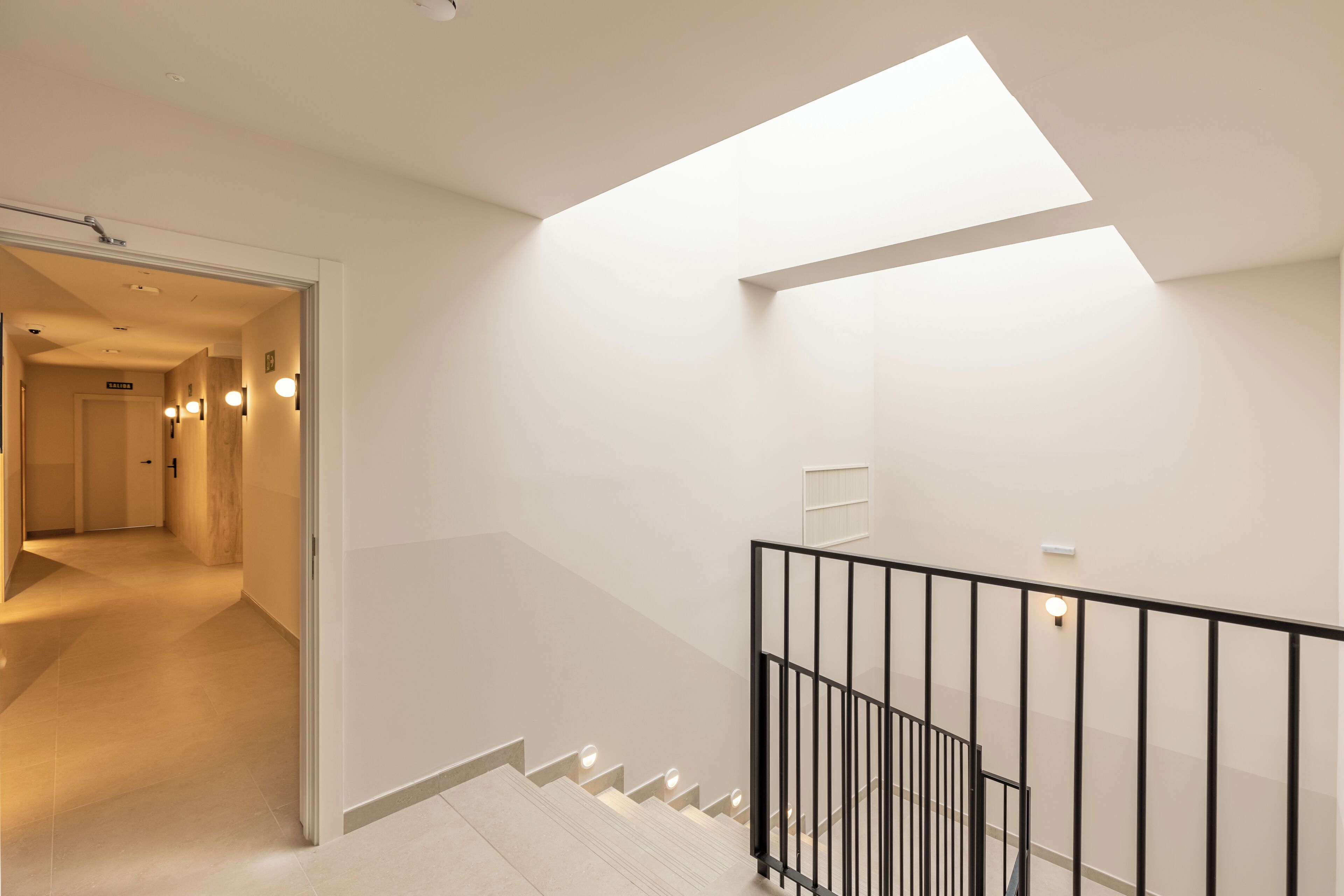 A modern interior with a staircase, a skylight, and a hallway leading to another room.