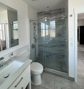 Hair dryer, towels, soap, toilet paper