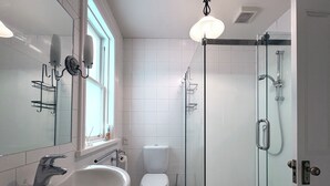 A modern bathroom with a large sink, toilet, and glass-enclosed shower. - A Historic Wellington Escape (Wellington)