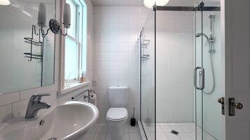 Hair dryer, towels, soap, shampoo