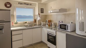 Eine moderne Küche mit Fenster, einem Herd, einer Mikrowelle und einem Kühlschrank.