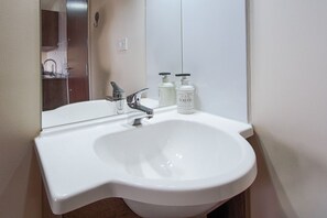 Bathroom features a large sink, two dispensers, and a mirror.