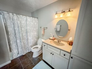 Ein Badezimmer mit Toilette, Waschbecken, Spiegel und Duschvorhang.